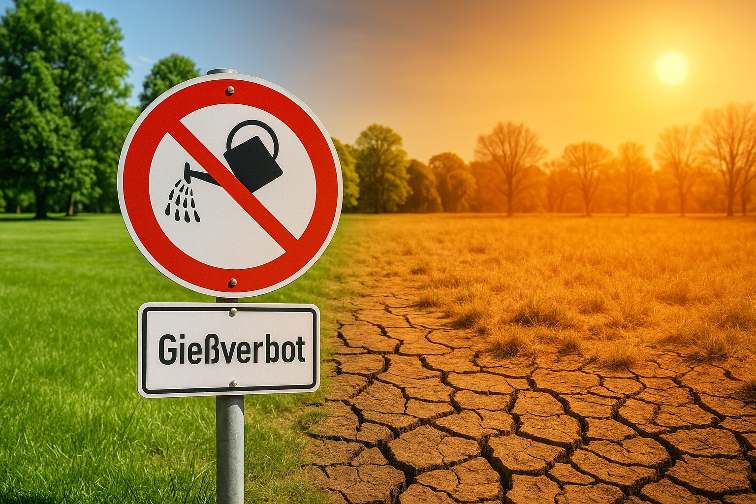 Grafik: Schild „Gießverbot“ vor grüner Wiese und ausgetrocknetem, rissigem Boden