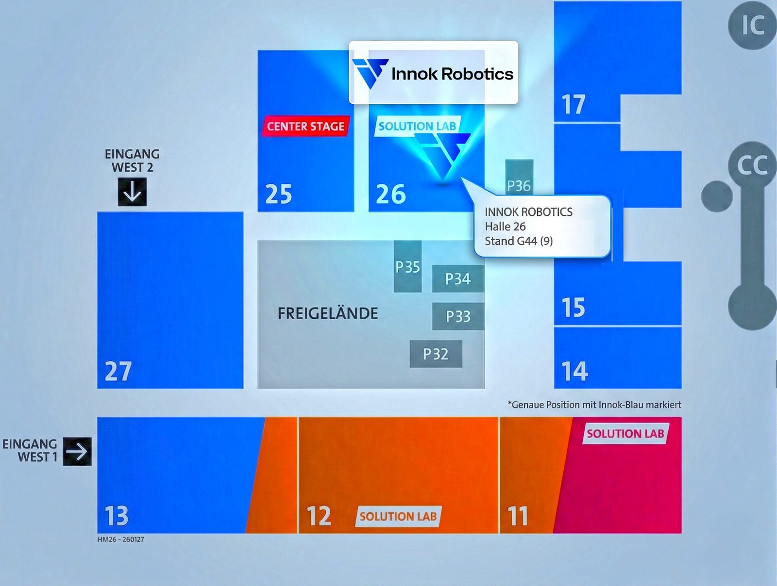 Graphic: Hannover Messe 2026 hall plan showing the Innok booth in Hall 26, Stand G44 (9)
