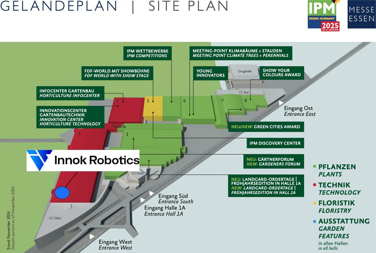 Graphic: IPM Essen 2025 site plan with the Innok Robotics stand marked in the technology hall area