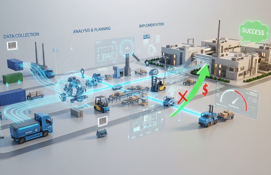 Graphic: material flow analysis from data collection through analysis and planning to implementation