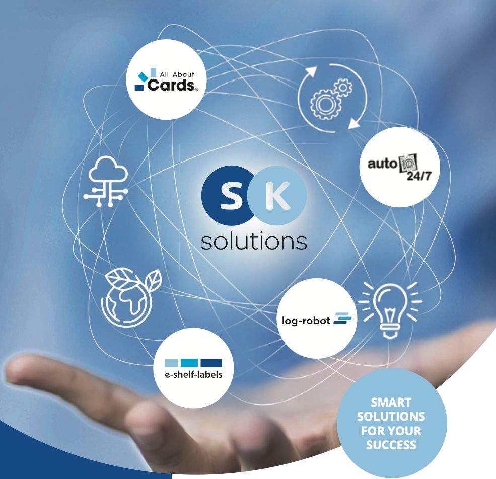 Grafik: S&K Solutions mit den Marken All About Cards, auto 24/7, log-robot und e-shelf-labels – neuer Innok-Partner