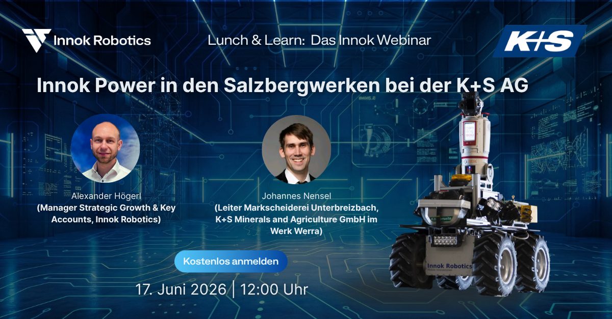 Webinar-Grafik „Innok Power in den Salzbergwerken bei der K+S AG“ mit Alexander Högerl, Johannes Nensel und INSPECTOS