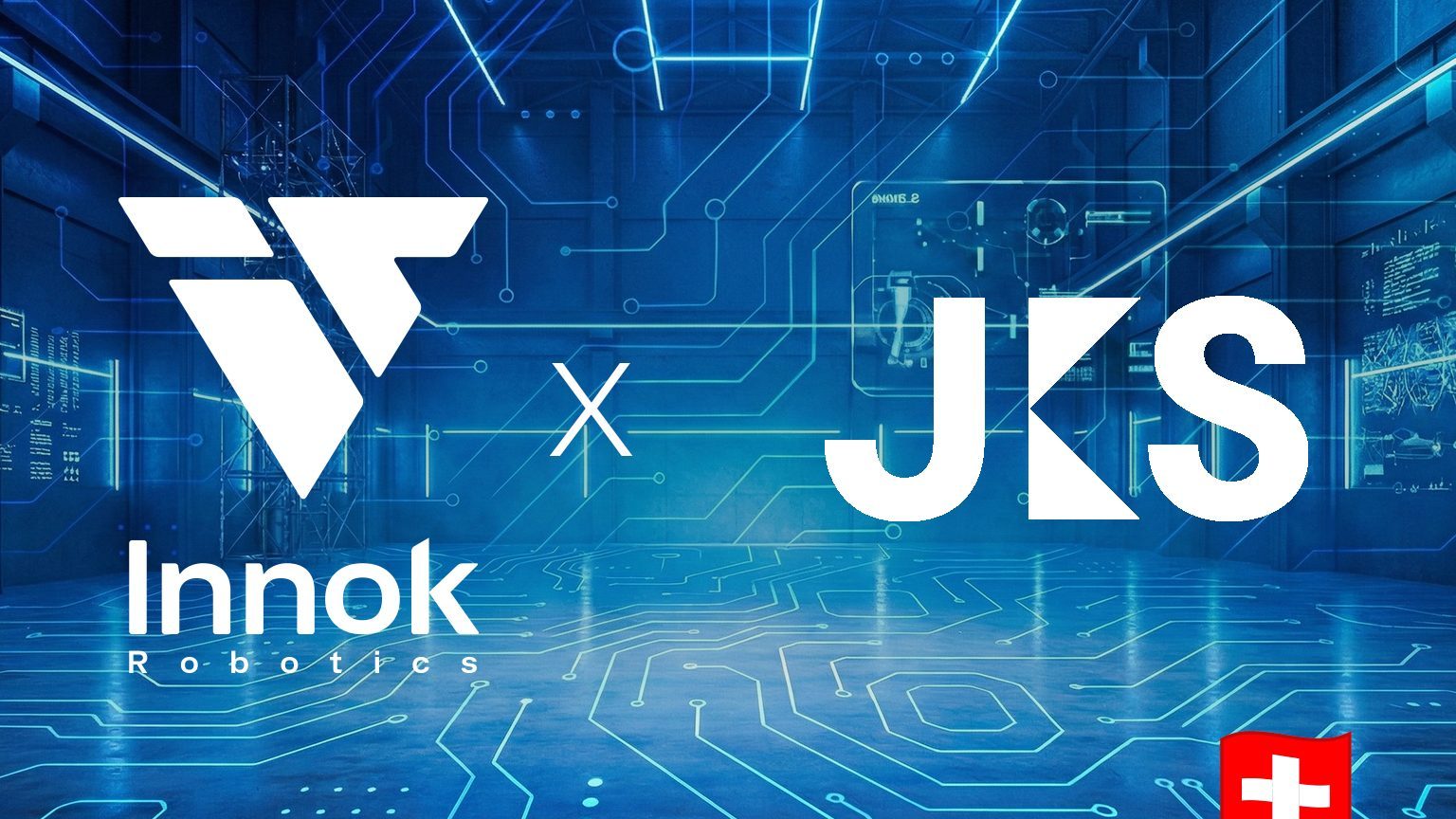Logo von Innok Robotics und JKS Engineering mit Schweizer Flagge – Ankündigung der Partnerschaft