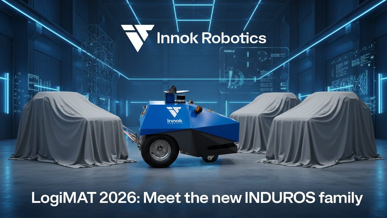Graphic: INDUROS transport robot in front of three covered vehicles – LogiMAT 2026: Meet the new INDUROS family