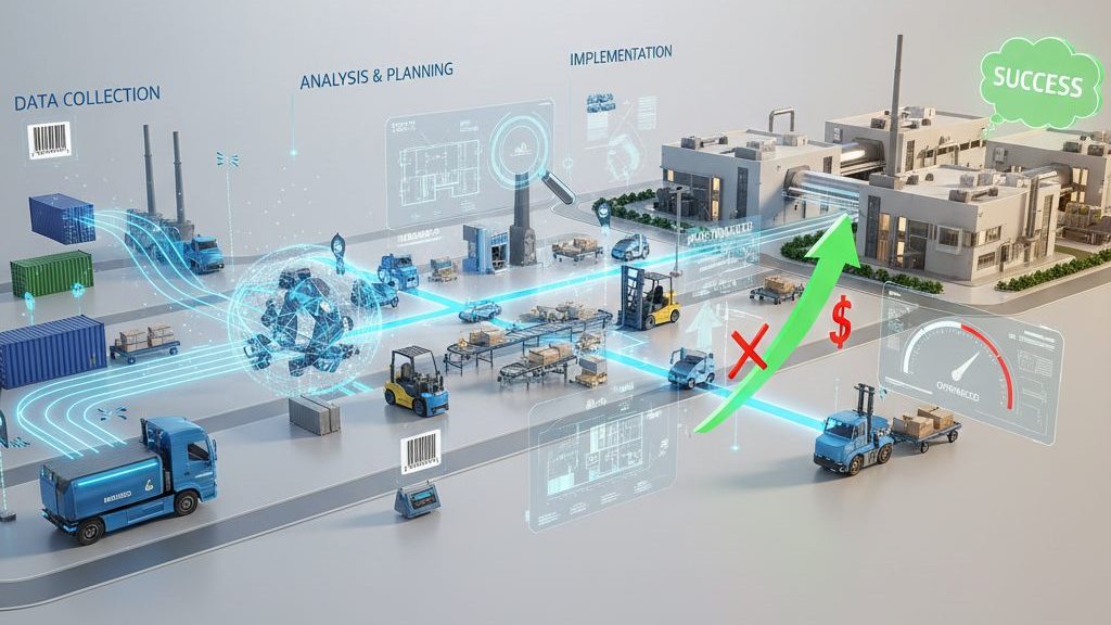 Grafik: Materialflussanalyse von der Datenerfassung über Analyse und Planung bis zur Umsetzung im Werk