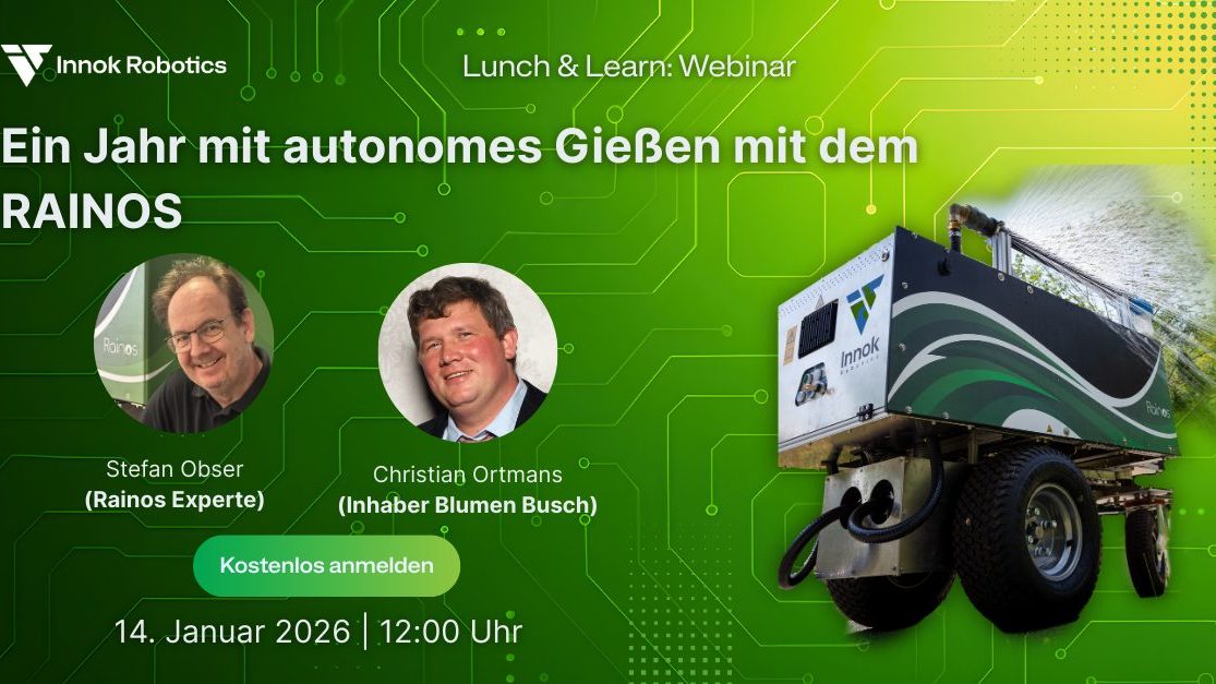 Graphic: Lunch & Learn webinar banner on one year of autonomous watering with the RAINOS, 14 January 2026