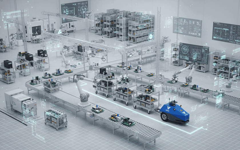 Graphic: indoor material flow in a production hall with assembly lines, conveyors and an autonomous transport robot