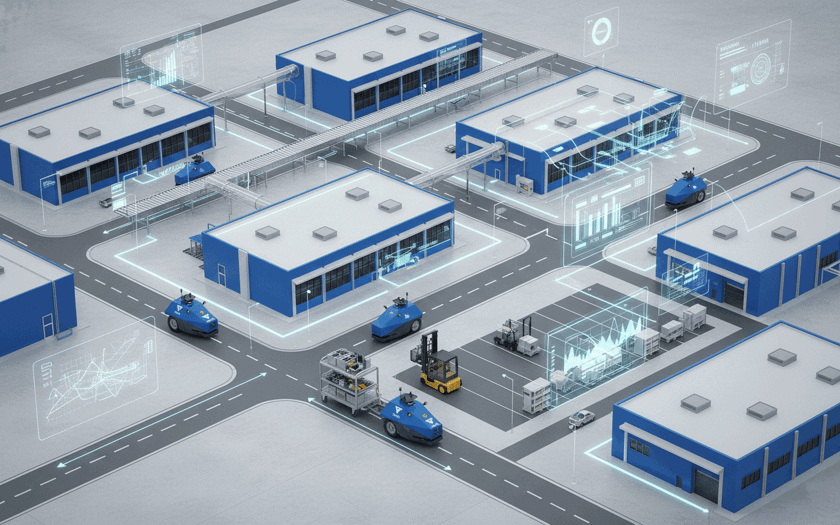 Graphic: outdoor material flow – autonomous transport robots connecting several factory halls